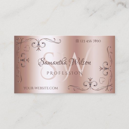 Luxe Roos Gold  Corner Borders Initialen Visitekaartje (Voorkant)