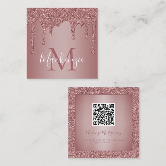 Luxe Roos Gold Driving Glitter Monogram QR Code Vierkante Visitekaartje (Voorkant / Achterkant)