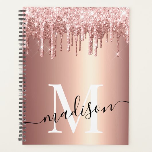 Luxe Roos Gold Foil Glitter Drip Monogram Planner (Voorkant)