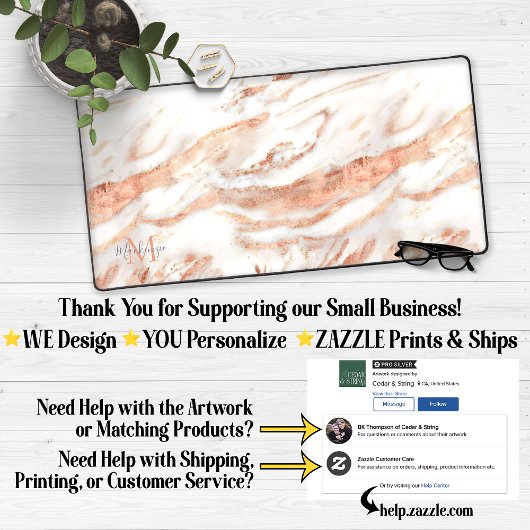 Luxe Roos Gold Foil Marble Monogram Bureaumat