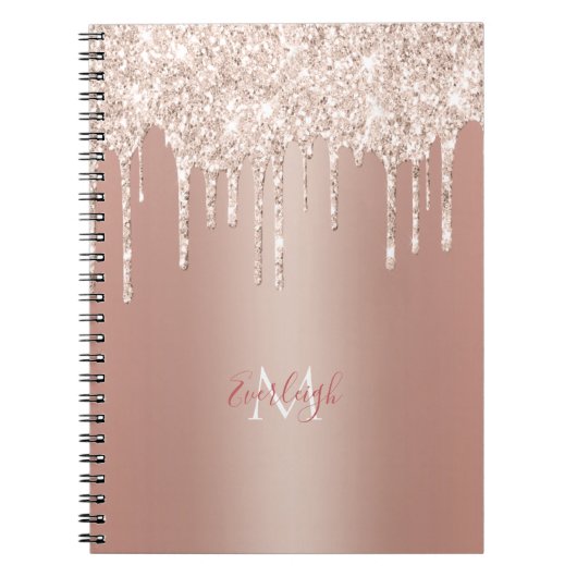 Luxe Roos Gold Glitter Drip met naam/monogram Notitieboek (Voorkant)