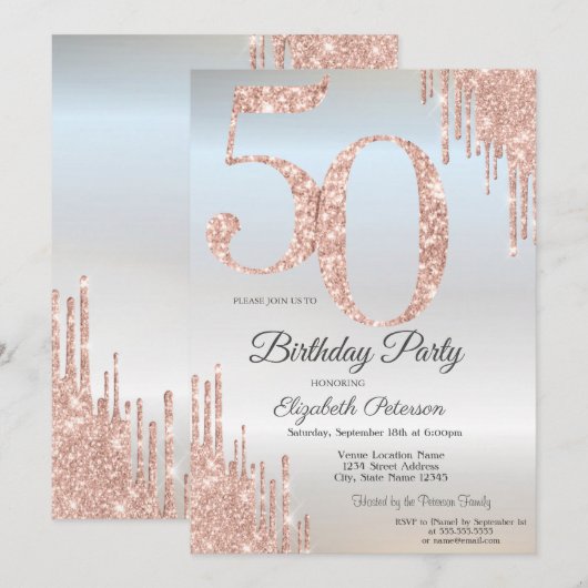 Luxe Roos Gold Glitter Drips Silver 50th Kaart (Voorkant / Achterkant)