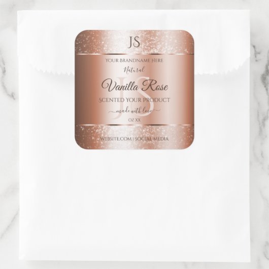 Luxe Roos Gold Glitter-Initialen Productlabels Vierkante Sticker (Tas)