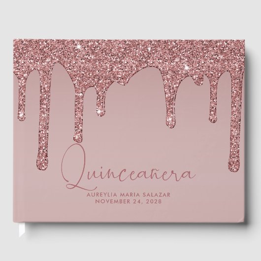 Luxe Roos Gold Glitter-schijven Quinceanera Gastenboek (Voorkant)