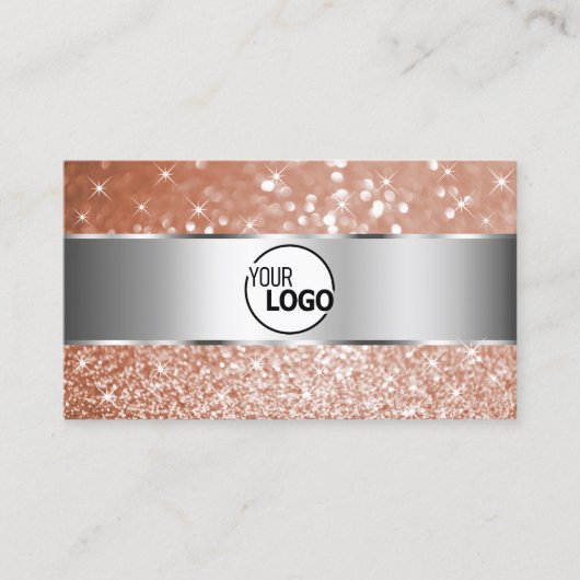 Luxe Roos Gold Glitter Stars en Logo Silver Visitekaartje (Voorkant)