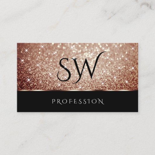 Luxe Roos Gold Glitter Stars Zwarte Initialen Visitekaartje (Voorkant)