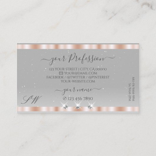 Luxe Roos Gold Light Grey Sparkle Jewels Monogram Visitekaartje (Achterkant)