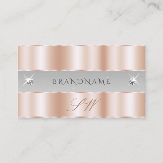 Luxe Roos Gold Light Grey Sparkle Jewels Monogram Visitekaartje (Voorkant)