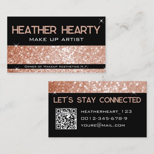 Luxe Roos Gold Peach Pink Glitter met QR-code Visitekaartje (Voorkant / Achterkant)