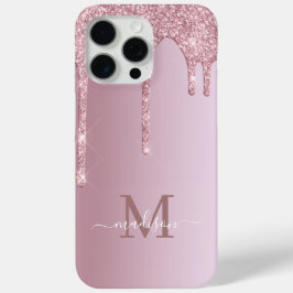 Luxe Roos Gold Pink Dripping Glitter Monogram iPhone 15 Pro Max Hoesje