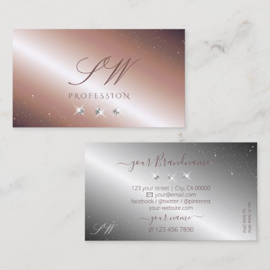 Luxe Roos Gold Silver Sparkle Diamonds Monogram Visitekaartje (Voorkant / Achterkant)