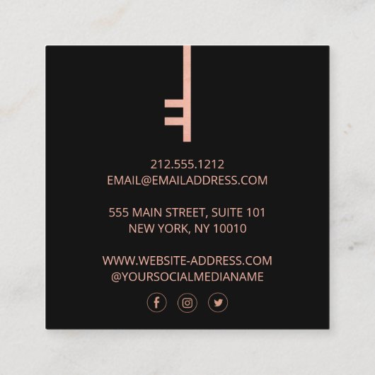 Luxe Roos Gold Skeleton Key Monogram Realtor Vierkante Visitekaartje (Achterkant)