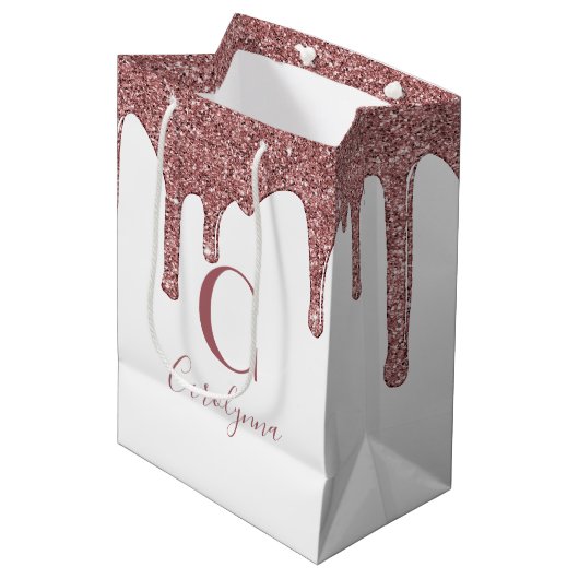 Luxe Roos Gold Sparkle Driving Glitter Monogram Medium Cadeauzakje (Voorkant Gekanteld)