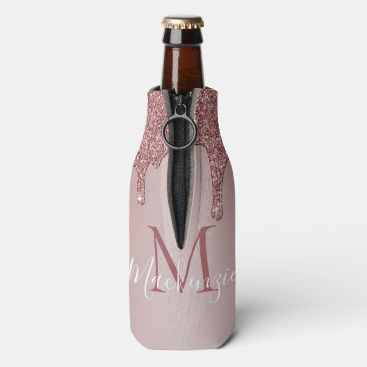 Luxe Roos Gold Sparkle Glitter Drift Monogram Flesjeskoeler (Fles Achterkant)