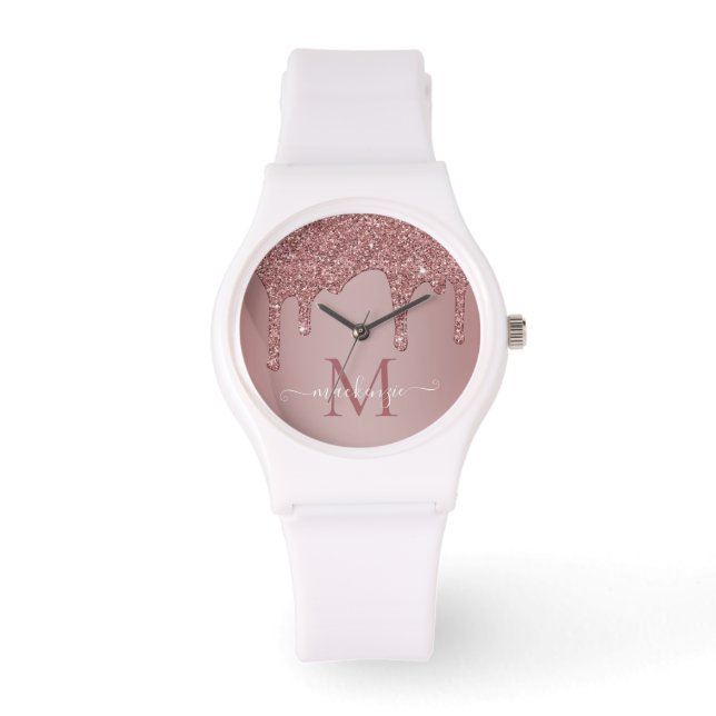 Luxe Roos Gold Sparkle Glitter Drift Monogram Horloge (Voorkant)