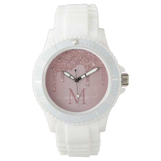 Luxe Roos Gold Sparkle Glitter Drift Monogram Horloge (Voorkant)