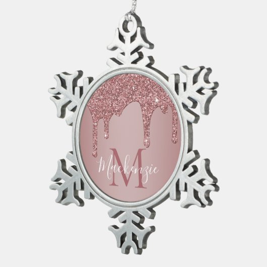 Luxe Roos Gold Sparkle Glitter Drift Monogram Tin Sneeuwvlok Ornament (Rechts)