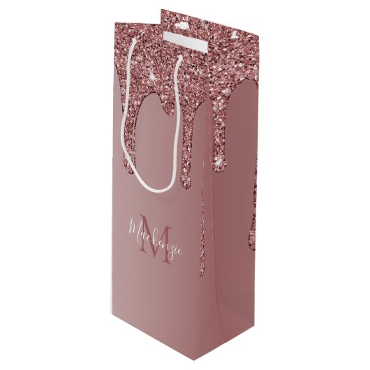 Luxe Roos Gold Sparkle Glitter Drift Monogram Wijn Cadeautas (Voorkant Gekanteld)