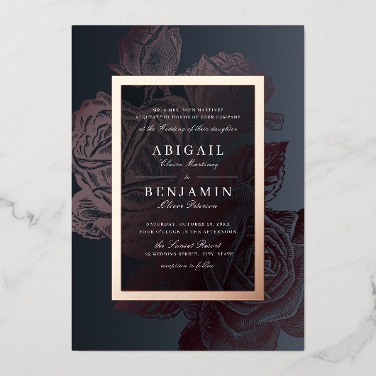 Luxe roos goud  botanische florale bruiloft folie uitnodiging (Voorkant)