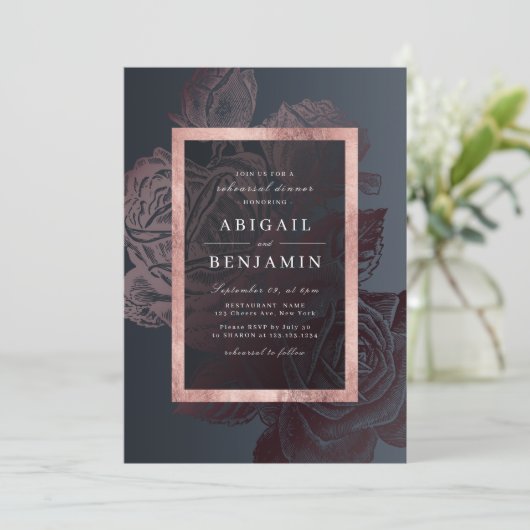 Luxe roos goud  botanische repetitie diner kaart (Staand voorkant)