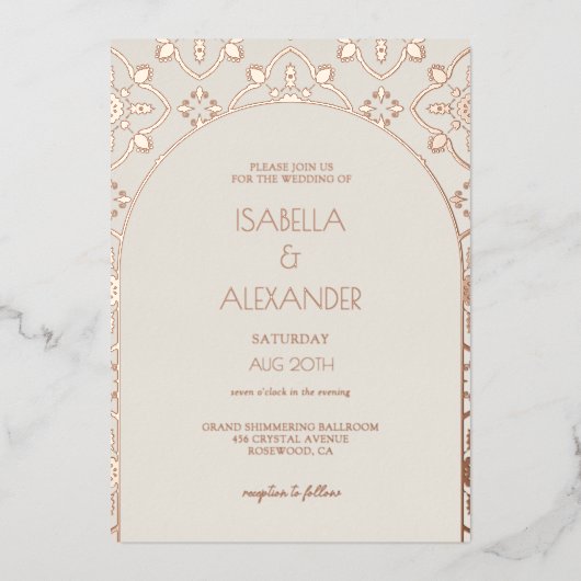 Luxe Roos Goud Mediterraan Tegel Boog Huwelijk Folie Uitnodiging (Voorkant)
