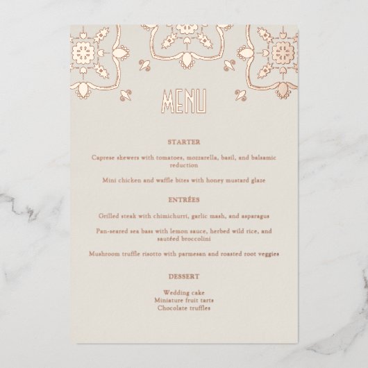 Luxe Roos Goud Mediterraan Tegel Trouwmenu Folie Feestdagenkaart (Voorkant)