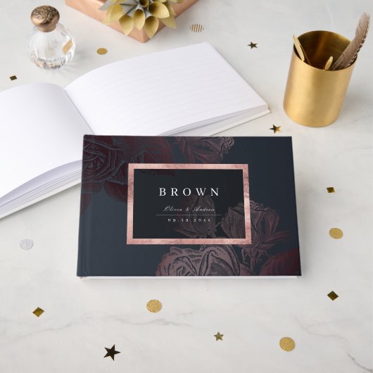 Luxe roos goud moody botanische bruiloft gastenboek (Voorkant open)