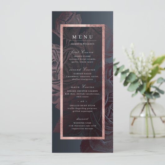 Luxe roos goud moody  botanische bruiloft menu (Staand voorkant)