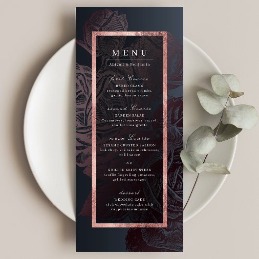 Luxe roos goud moody  botanische bruiloft menu