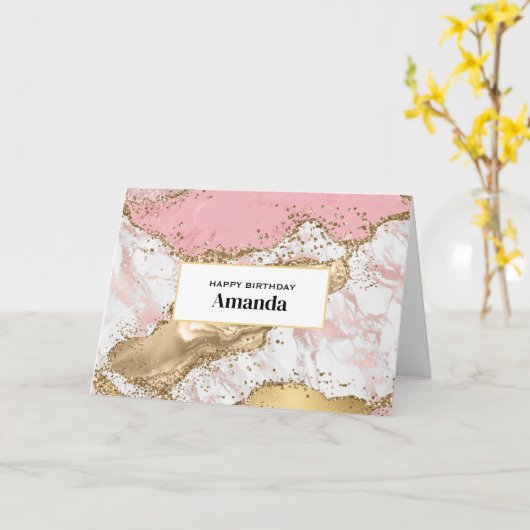 Luxe Roos Goud Roze Marmer Design Verjaardag Kaart (Gele Bloem)