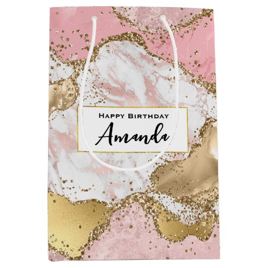 Luxe Roos Goud Roze Marmer Design Verjaardag Medium Cadeauzakje (Voorkant)