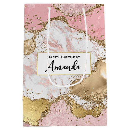 Luxe Roos Goud Roze Marmer Design Verjaardag Medium Cadeauzakje (Achterkant)