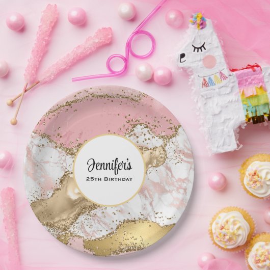 Luxe Roos Goud Roze Marmer Design Verjaardag Papieren Bordje (Feest)