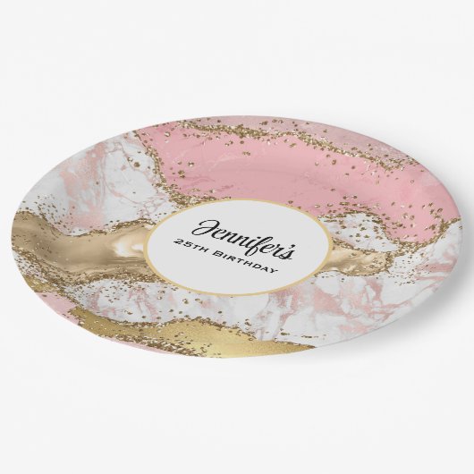 Luxe Roos Goud Roze Marmer Design Verjaardag Papieren Bordje (Gekanteld)