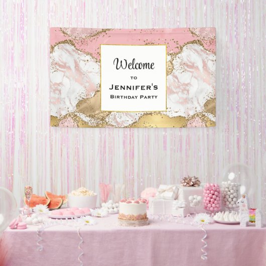 Luxe Roos Goud Roze Marmer Design Verjaardag Spandoek (Feest)