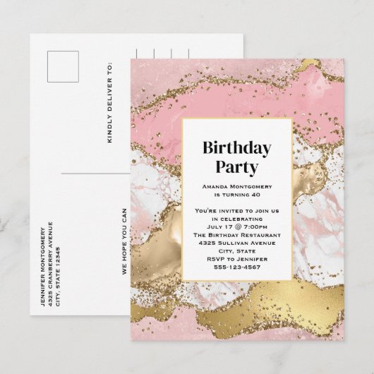 Luxe Roos Goud Roze Marmer Design Verjaardag Uitnodiging Briefkaart (Voorkant / Achterkant)