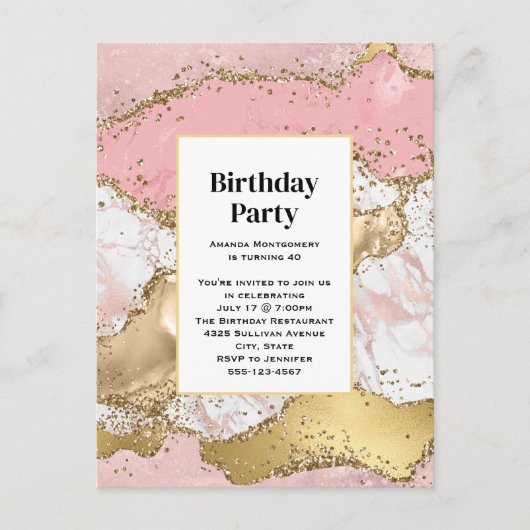 Luxe Roos Goud Roze Marmer Design Verjaardag Uitnodiging Briefkaart (Voorkant)