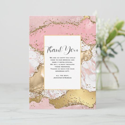 Luxe Roos Goud Roze Marmeren Ontwerp Bruiloft Bedankkaart (Staand voorkant)