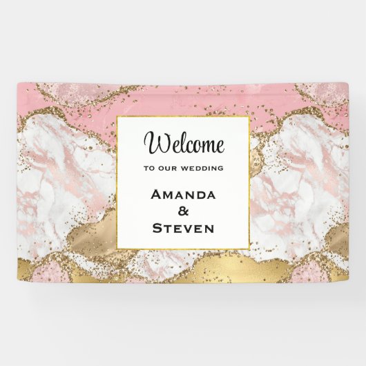 Luxe Roos Goud Roze Marmeren Ontwerp Bruiloft Spandoek (Horizontaal)