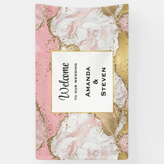 Luxe Roos Goud Roze Marmeren Ontwerp Bruiloft Spandoek (Verticaal)