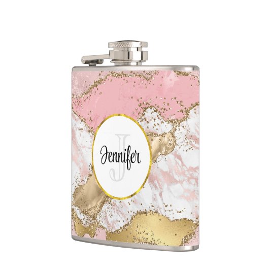 Luxe Roos Goud Roze Marmeren Ontwerp Monogram Heupfles (Links)