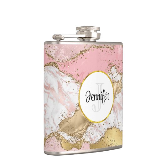 Luxe Roos Goud Roze Marmeren Ontwerp Monogram Heupfles (Rechts)