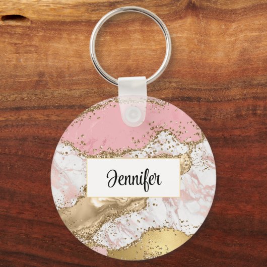 Luxe Roos Goud Roze Marmeren Ontwerp Sleutelhanger (Achterkant)