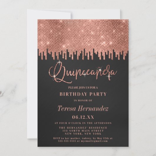 Luxe Roos Goud Zwart Glitter Pixels Quinceañera Kaart (Voorkant)