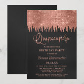Luxe Roos Goud Zwart Glitter Pixels Quinceañera Kaart (Voorkant / Achterkant)