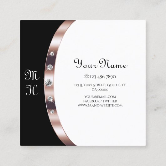 Luxe Roos Goud Zwart-Wit met Monogram Vierkante Visitekaartje (Achterkant)