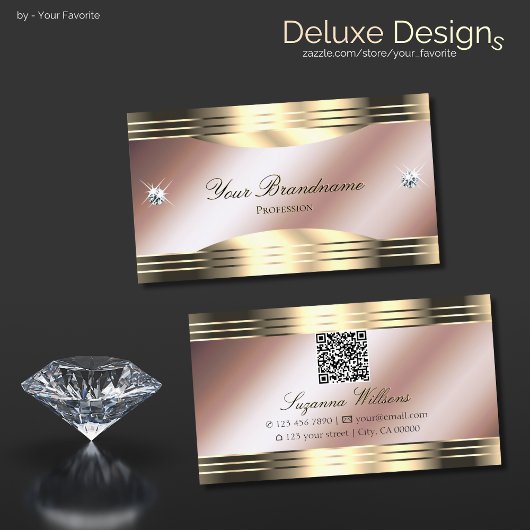 Luxe Roos Gouden Glanzende Diamanten met QR-code Visitekaartje