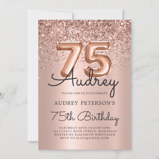 Luxe Roos Gouden Glitter Ballon 75e Verjaardag Kaart (Voorkant)
