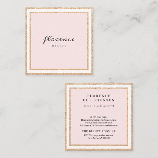 Luxe roos gouden glitter lijst blush roze en wit vierkante visitekaartje (Voorkant / Achterkant)