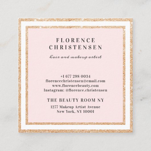 Luxe roos gouden glitter lijst blush roze en wit vierkante visitekaartje (Achterkant)